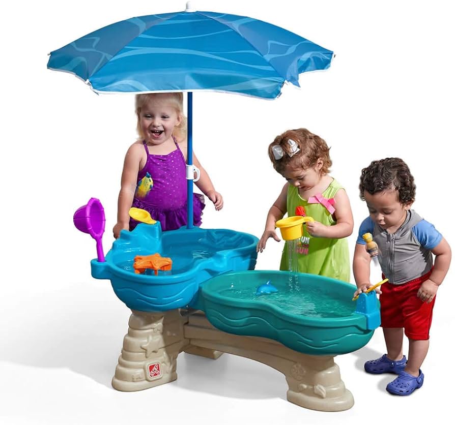 Step 2 Spill & Splash Seaway Water Table for Kids, Two-Tier Outdoor Kids  Water Sensory Table with Umbrella, Ages 1.5+ Years Old, 11 Piece Water Toy  ...