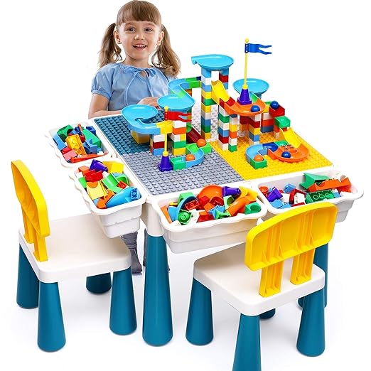 Kids Activity Table Toddlers Kids Table and Chair Set with 152Pcs Large Marble Run Building Blocks All in One Kids Play Table Water Table Sand Table, STEM Toys for Boys Girls 3 4 5-10 Year Old
