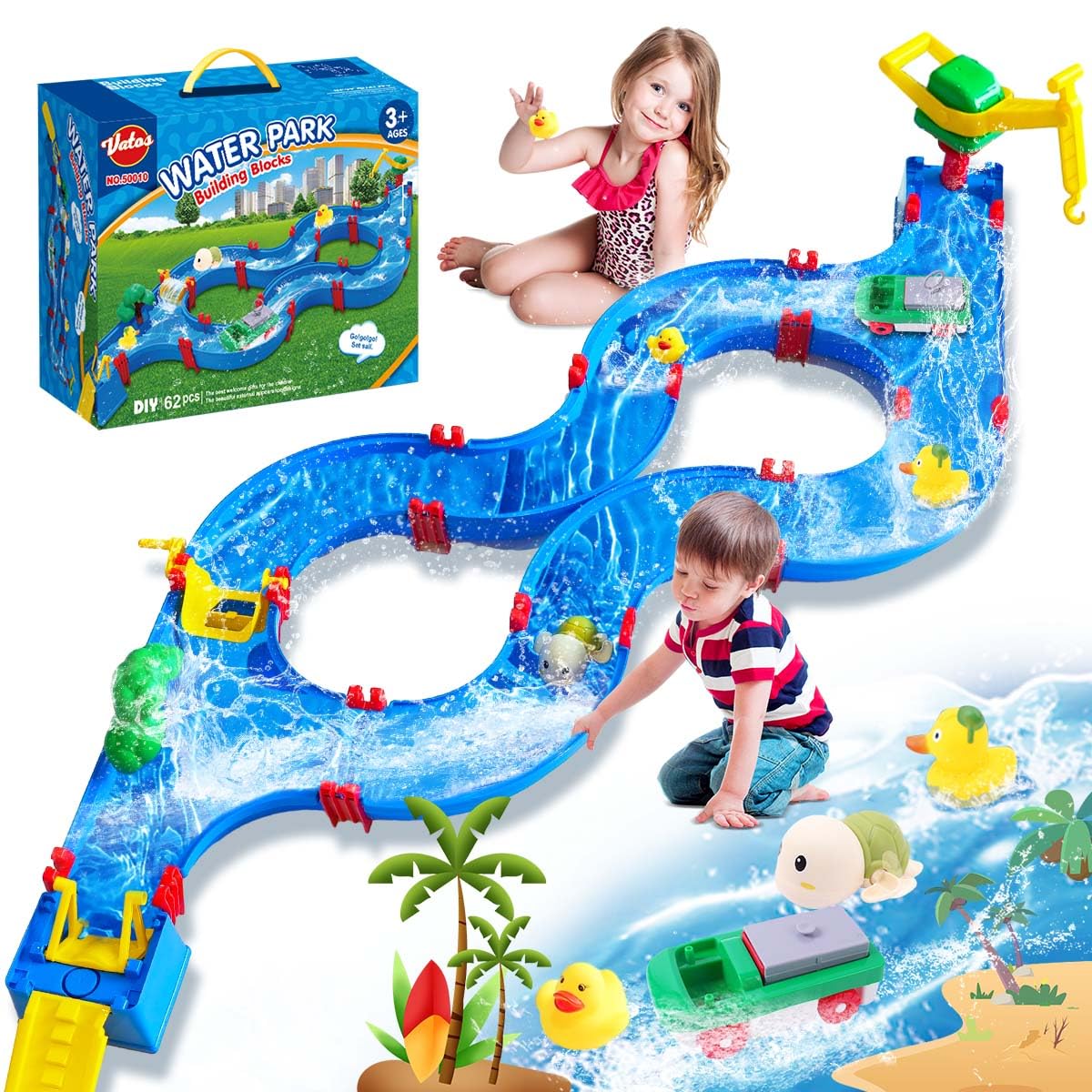 VATOS Outdoor Water Table Toy for Kids - 62Pcs Large Water Park Playset  Activity Waterway Toy with Boat, Wind-up Toy for Backyard, Lawn, Pool,  Summer ...